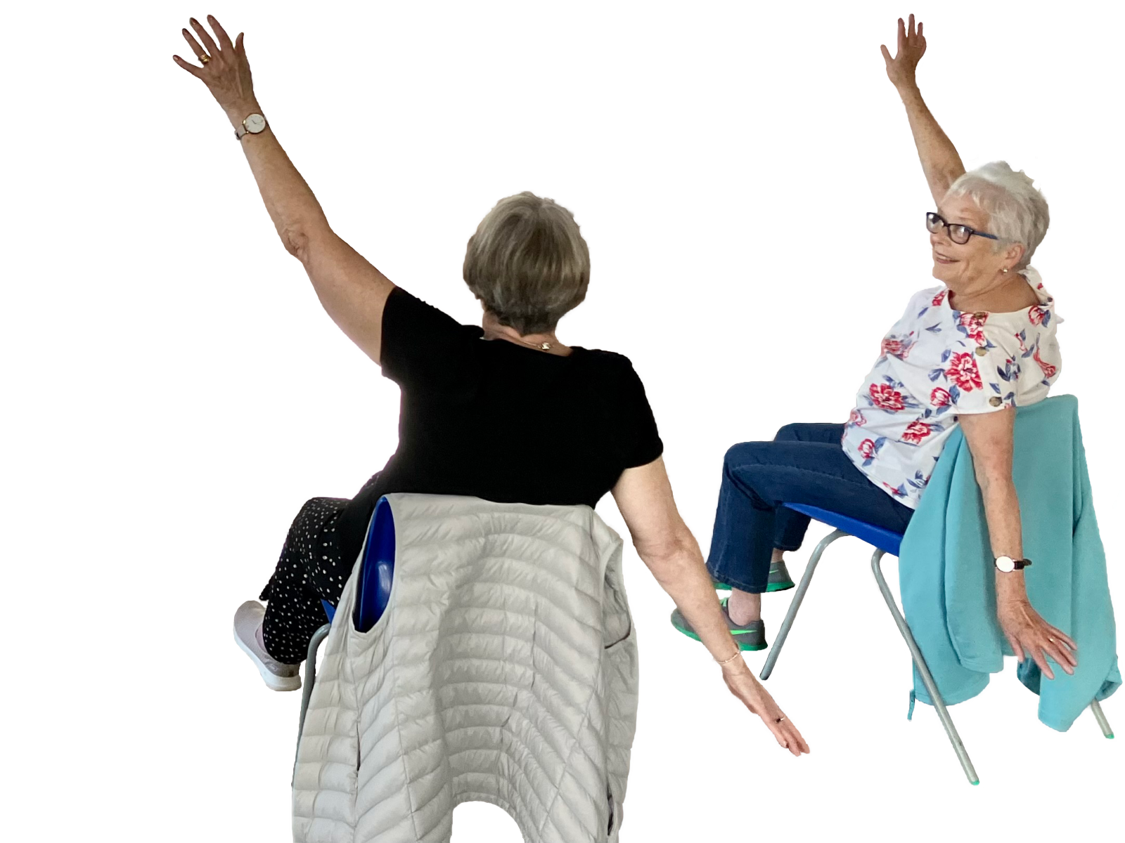 Two older ladies doing chair exercises